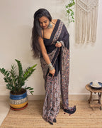 Mastani: Black Ajrakh Handblock Printed Modal Saree with Mirror Work