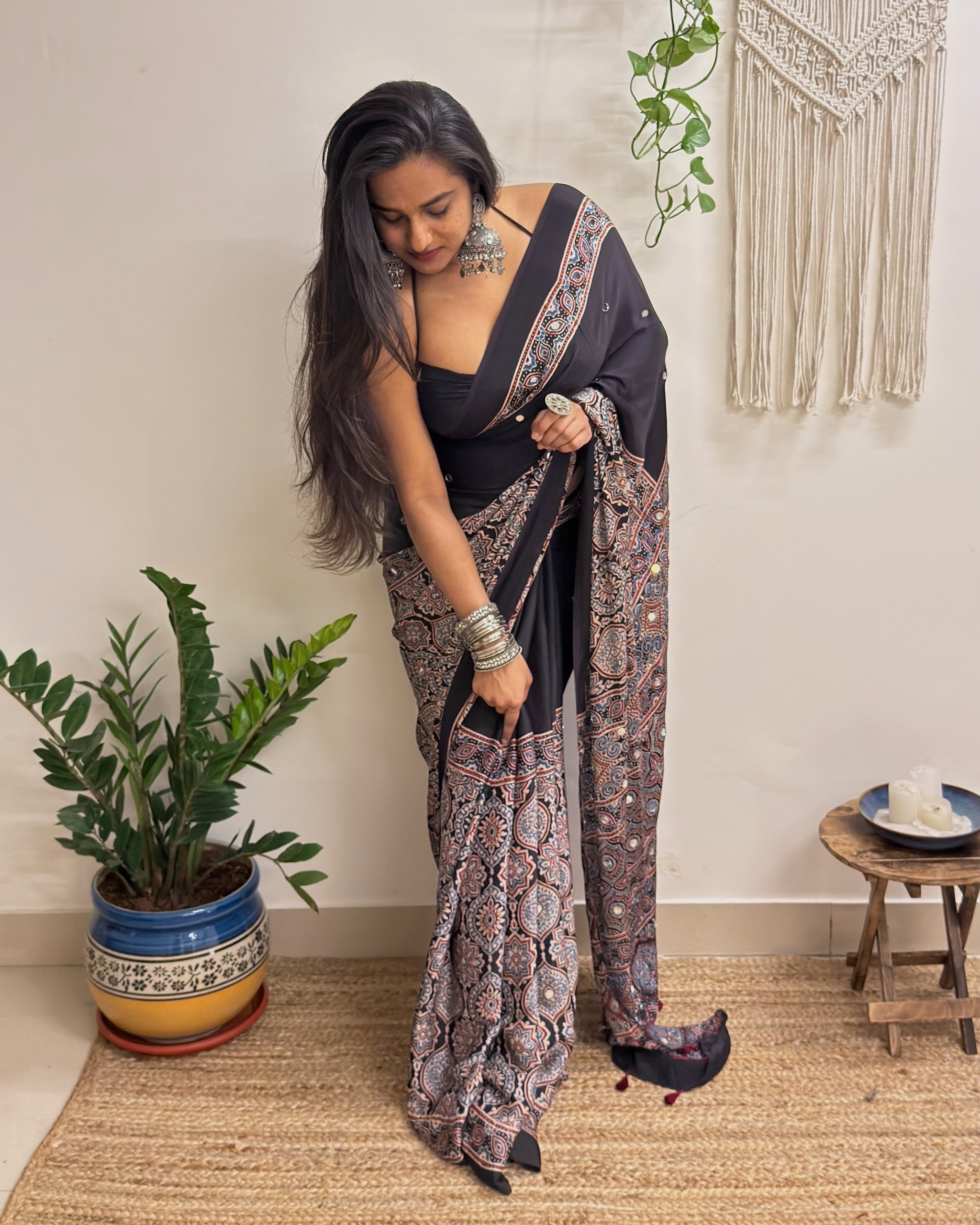 Mastani: Black Ajrakh Handblock Printed Modal Saree with Mirror Work