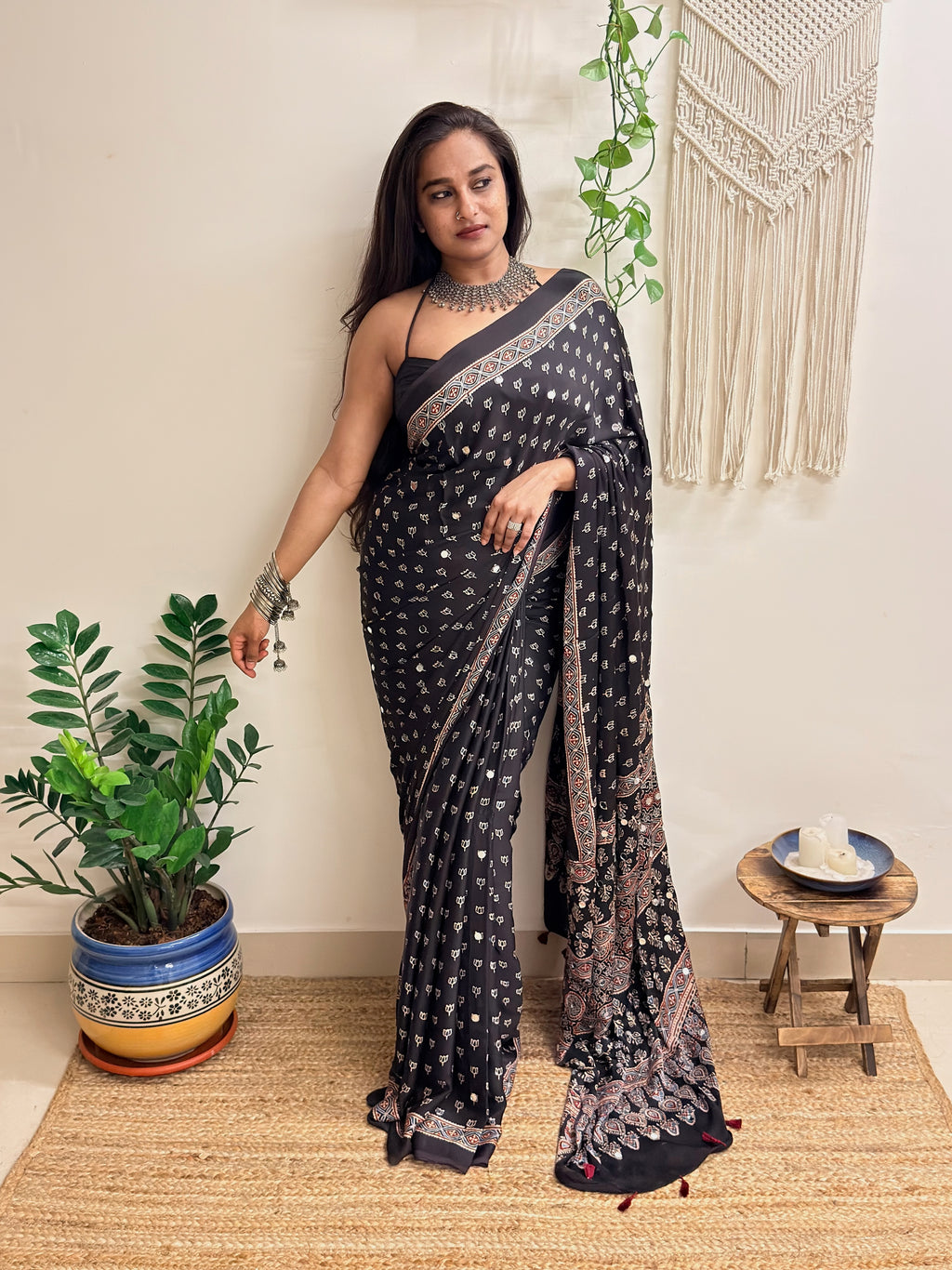 Natkhat: Black Lotus Ajrakh Handblock Printed Modal Saree with Mirror Work