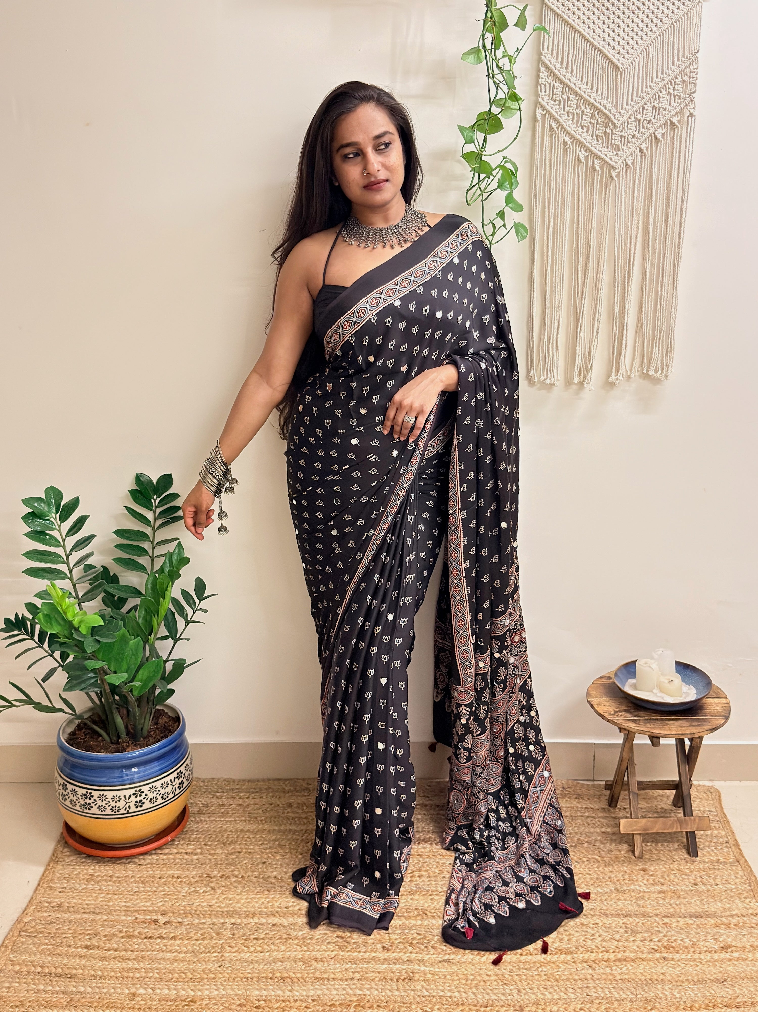 Natkhat: Black Lotus Ajrakh Handblock Printed Modal Saree with Mirror Work