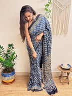 Nazaara: Indigo Ajrakh Handblock Printed Modal Saree with Mirror Work