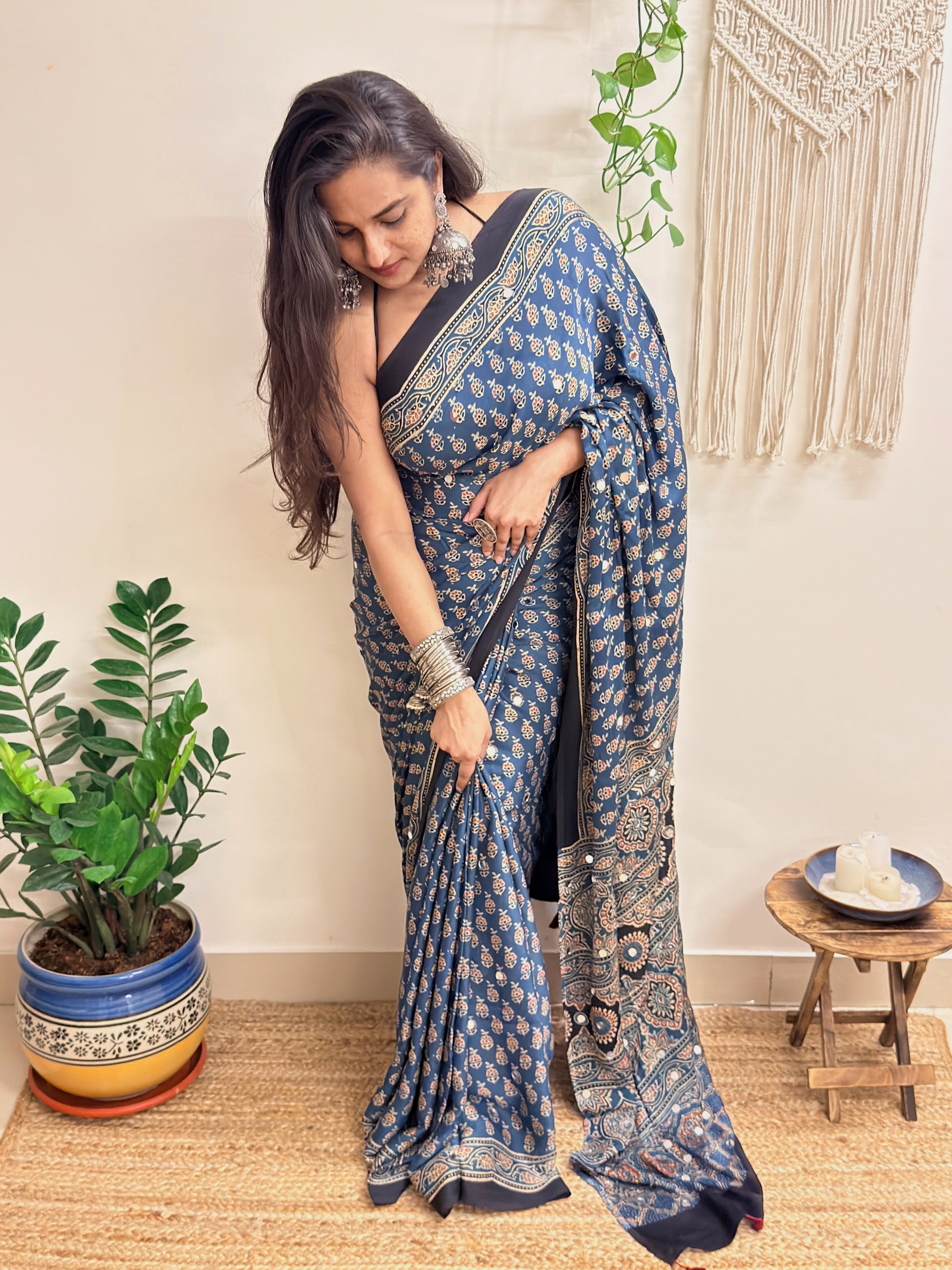 Nazaara: Indigo Ajrakh Handblock Printed Modal Saree with Mirror Work