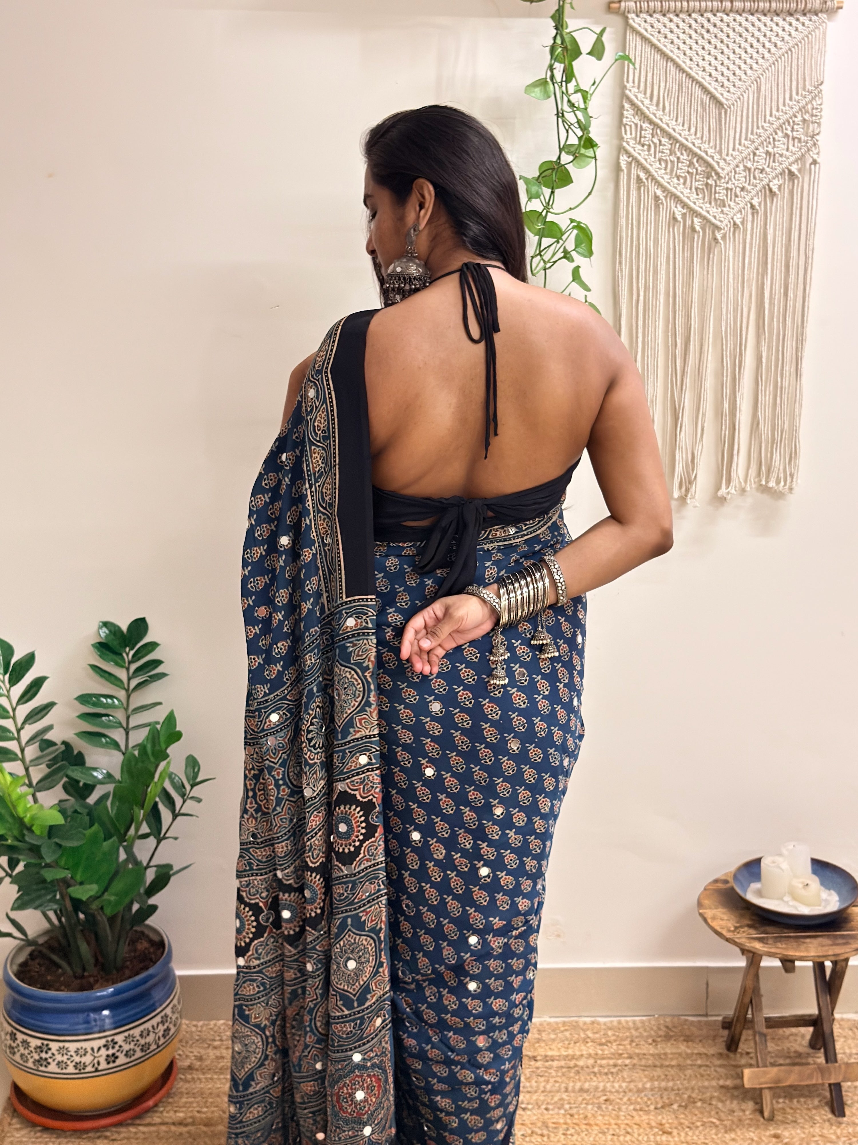 Nazaara: Indigo Ajrakh Handblock Printed Modal Saree with Mirror Work