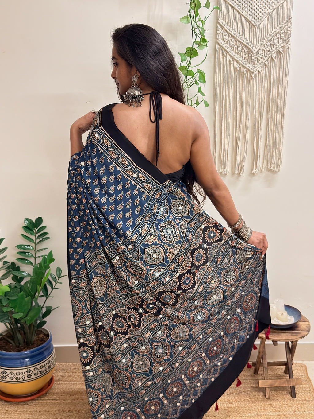 Nazaara: Indigo Ajrakh Handblock Printed Modal Saree with Mirror Work