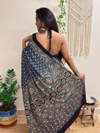 Nazaara: Indigo Ajrakh Handblock Printed Modal Saree with Mirror Work