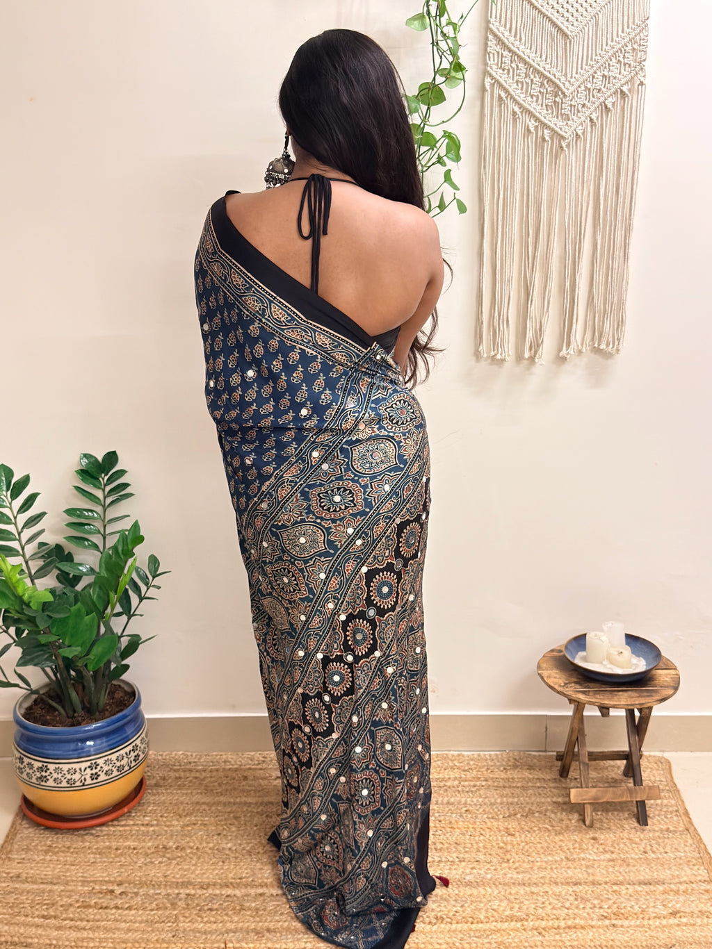 Nazaara: Indigo Ajrakh Handblock Printed Modal Saree with Mirror Work