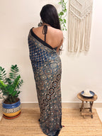 Nazaara: Indigo Ajrakh Handblock Printed Modal Saree with Mirror Work