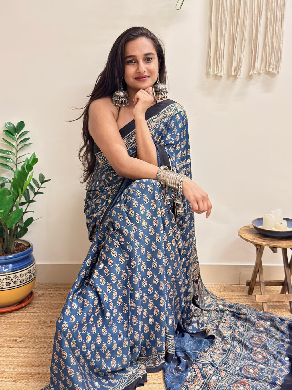 Nazaara: Indigo Ajrakh Handblock Printed Modal Saree with Mirror Work