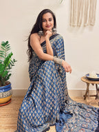 Nazaara: Indigo Ajrakh Handblock Printed Modal Saree with Mirror Work