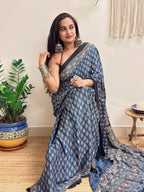 Nazaara: Indigo Ajrakh Handblock Printed Modal Saree with Mirror Work
