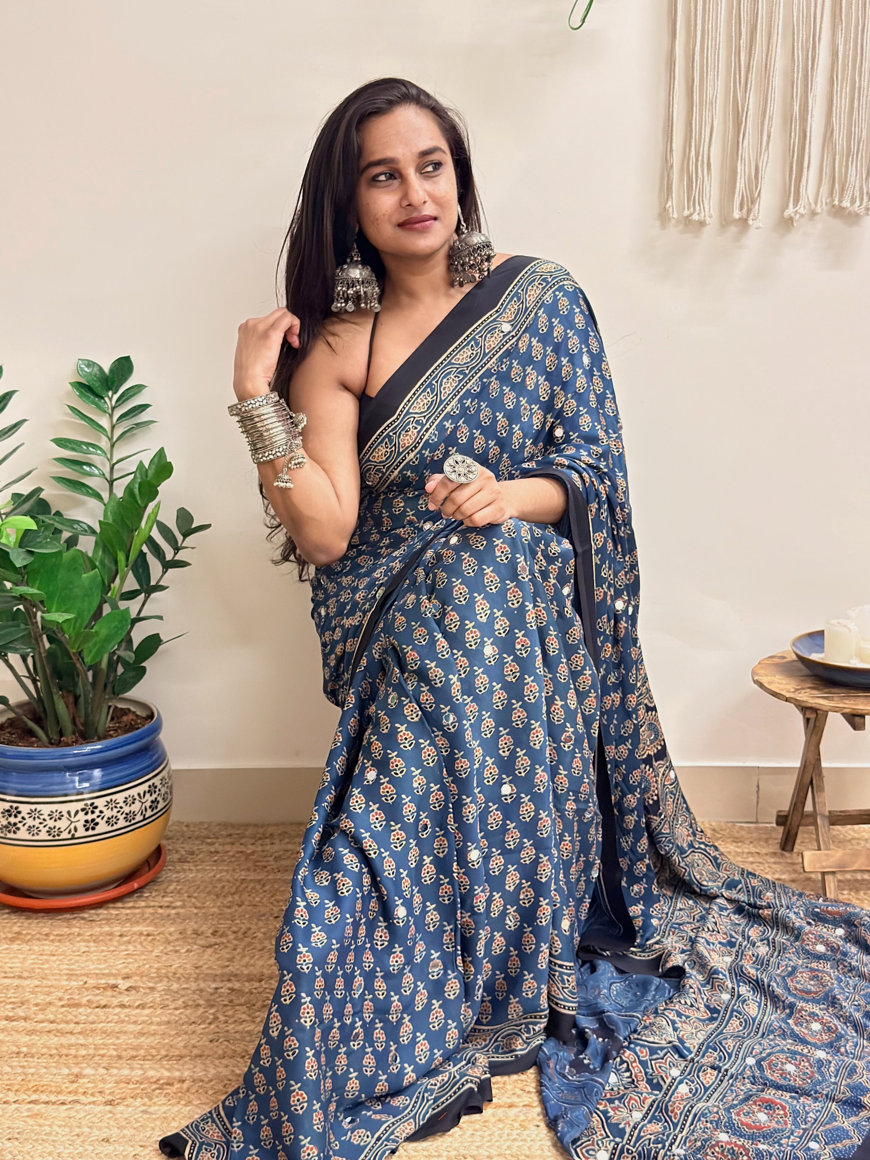 Nazaara: Indigo Ajrakh Handblock Printed Modal Saree with Mirror Work