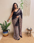 Mastani: Black Ajrakh Handblock Printed Modal Saree with Mirror Work