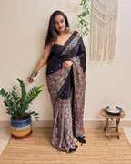 Mastani: Black Ajrakh Handblock Printed Modal Saree with Mirror Work