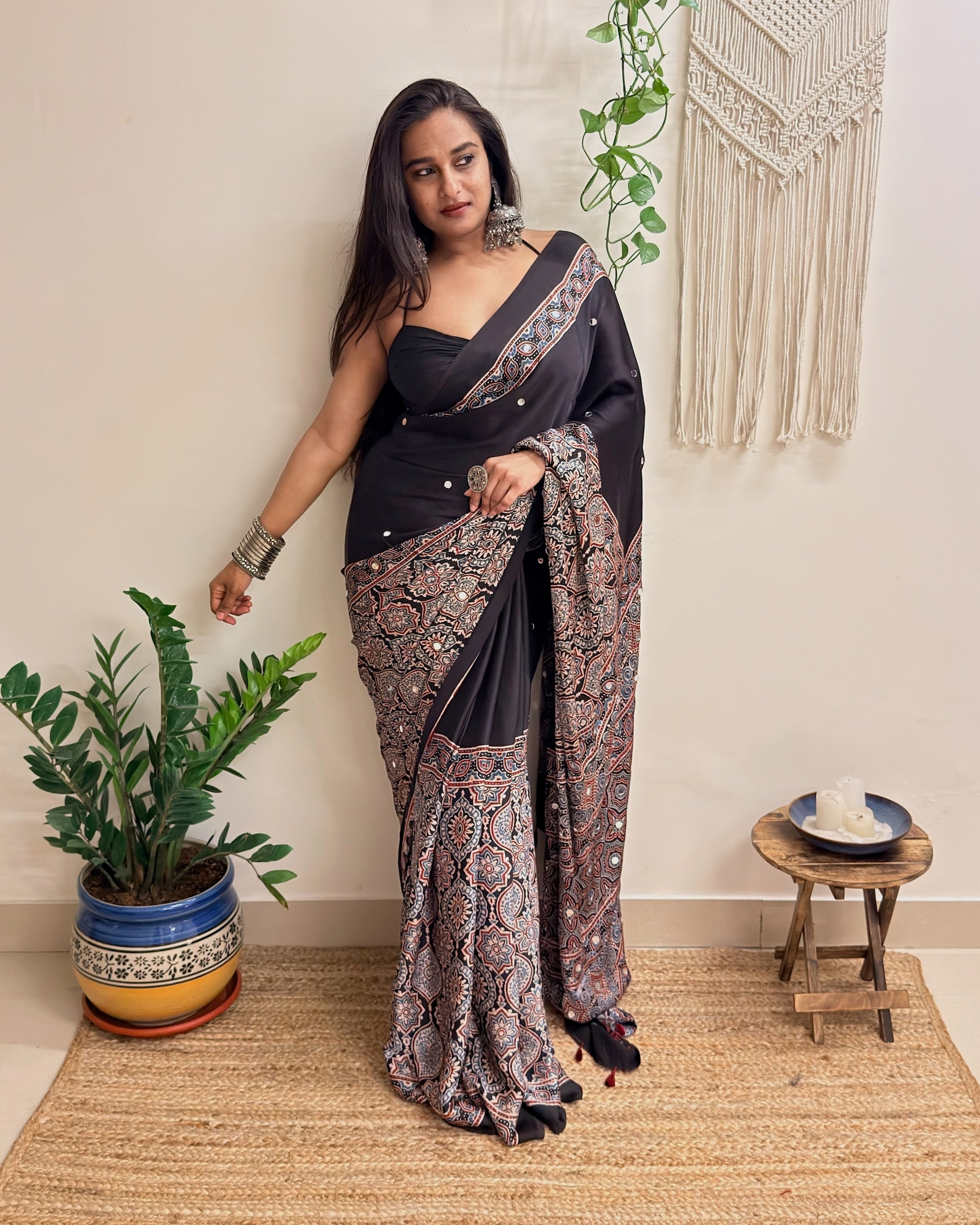 Mastani: Black Ajrakh Handblock Printed Modal Saree with Mirror Work