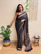 Natkhat: Black Lotus Ajrakh Handblock Printed Modal Saree with Mirror Work