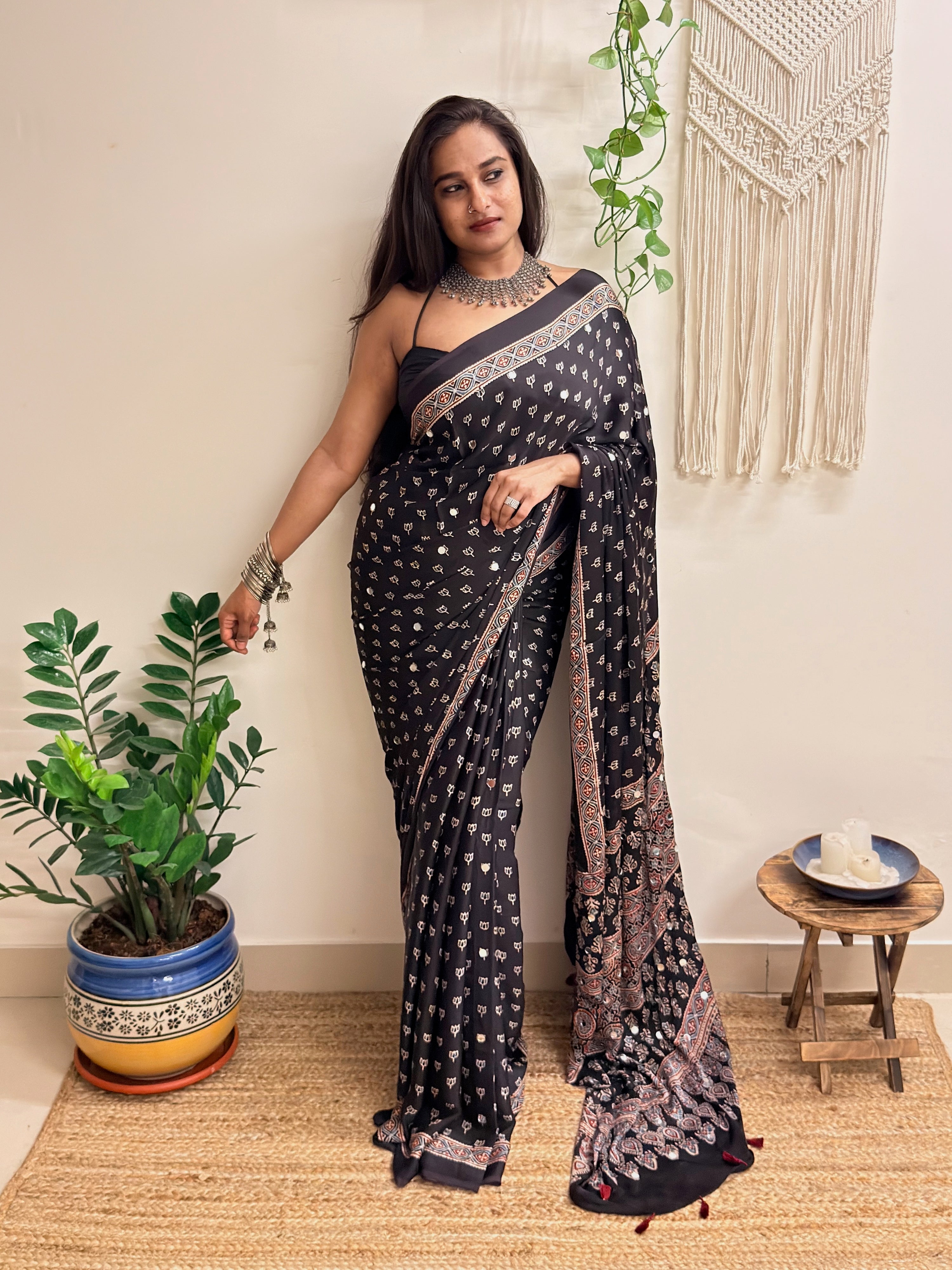 Natkhat: Black Lotus Ajrakh Handblock Printed Modal Saree with Mirror Work