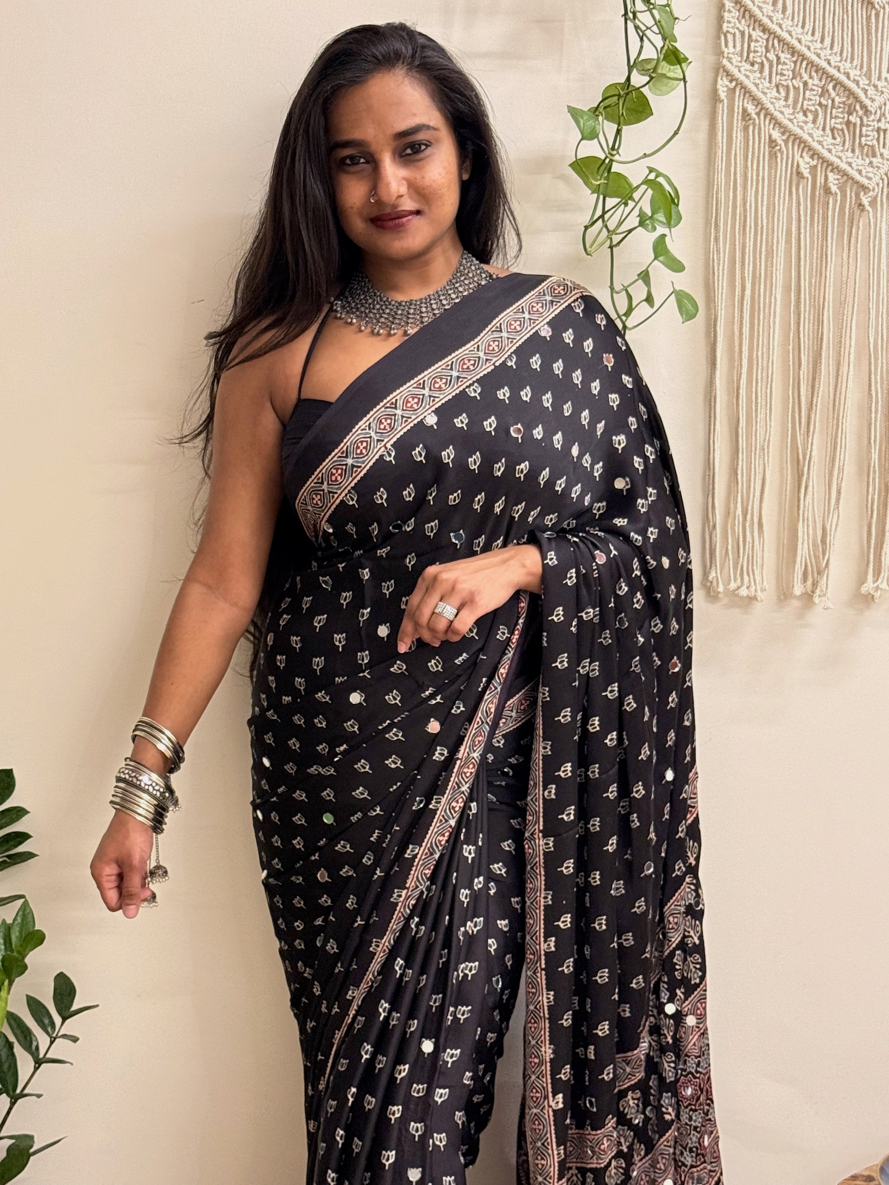 Natkhat: Black Lotus Ajrakh Handblock Printed Modal Saree with Mirror Work