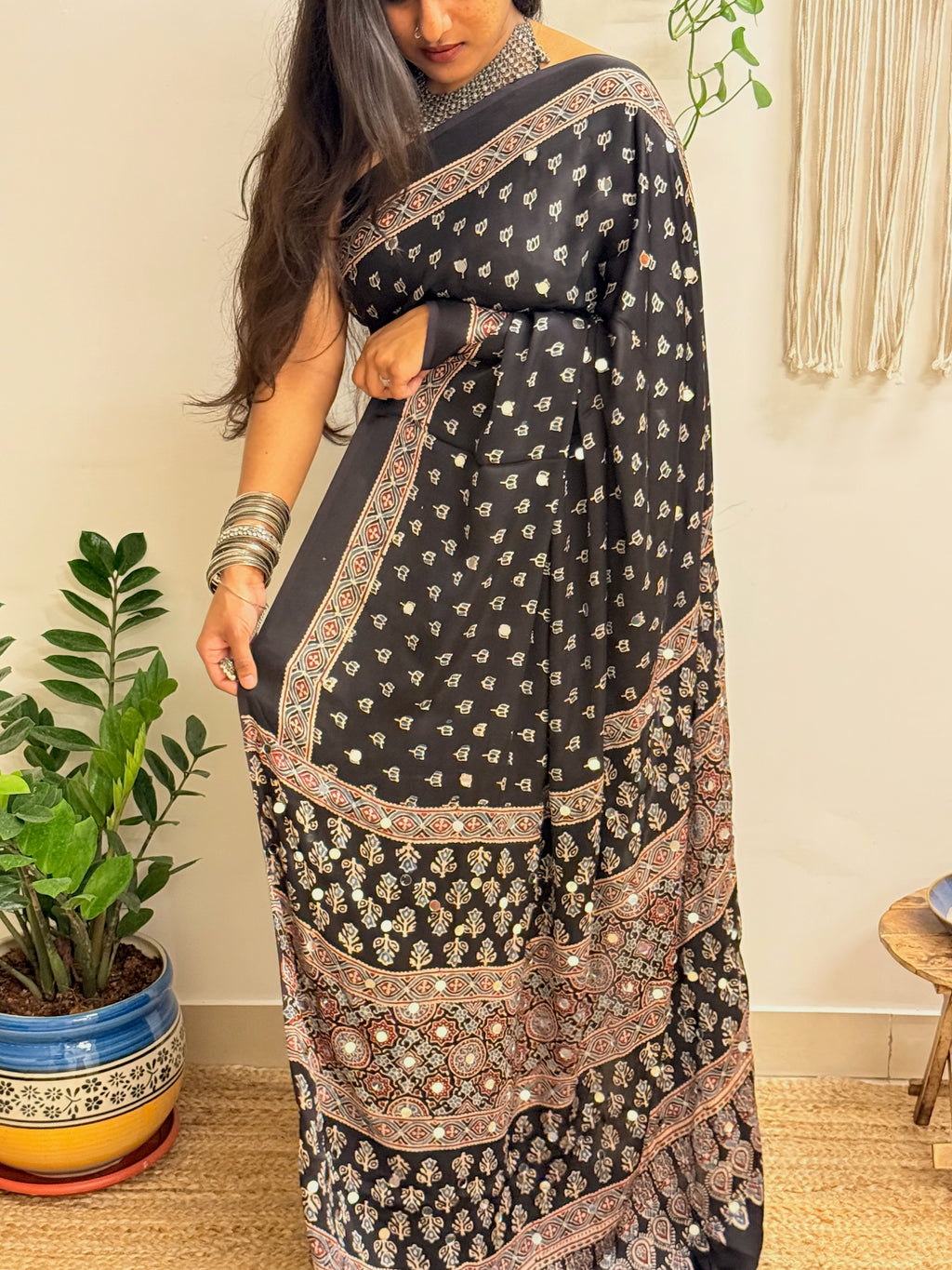 Natkhat: Black Lotus Ajrakh Handblock Printed Modal Saree with Mirror Work