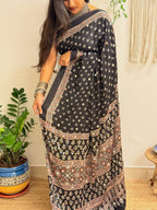 Natkhat: Black Lotus Ajrakh Handblock Printed Modal Saree with Mirror Work