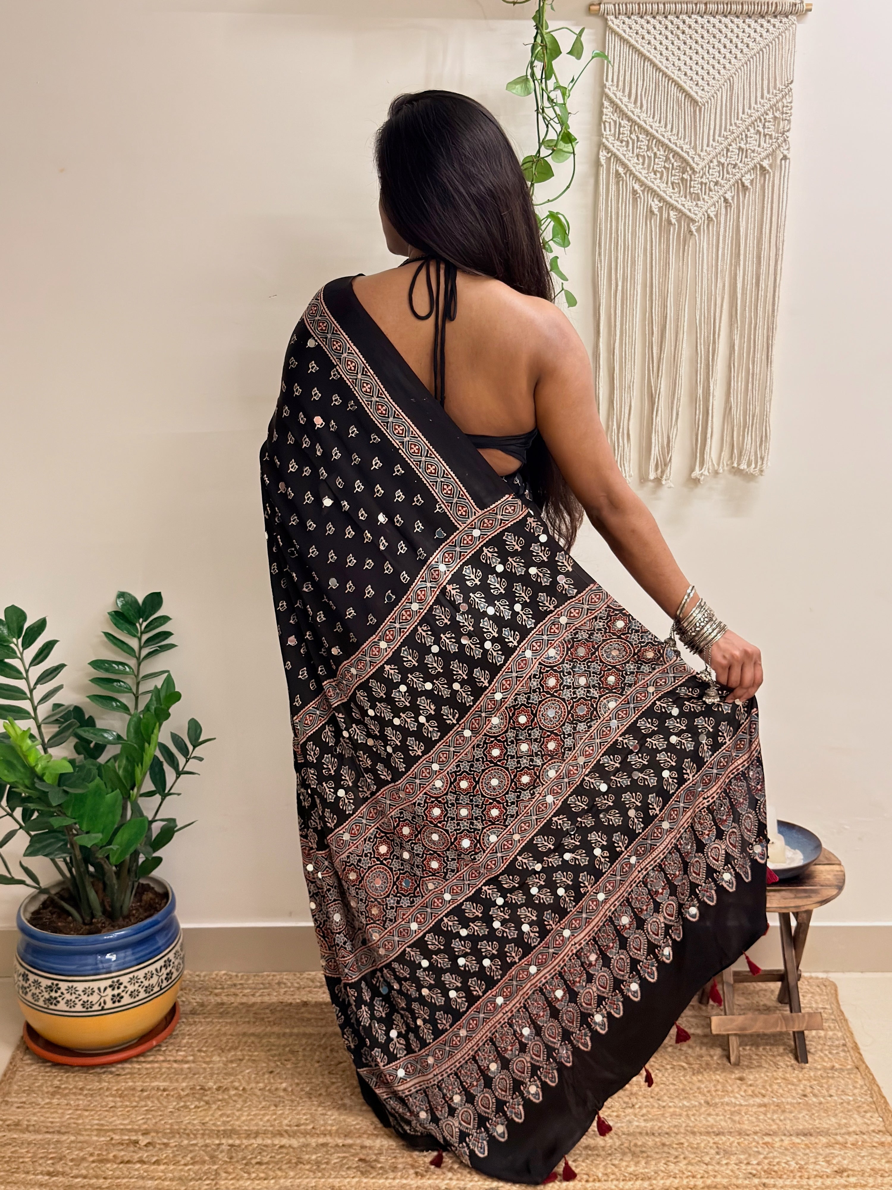 Natkhat: Black Lotus Ajrakh Handblock Printed Modal Saree with Mirror Work