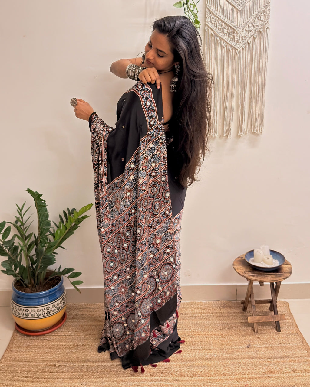 Mastani: Black Ajrakh Handblock Printed Modal Saree with Mirror Work