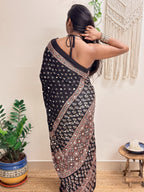 Natkhat: Black Lotus Ajrakh Handblock Printed Modal Saree with Mirror Work