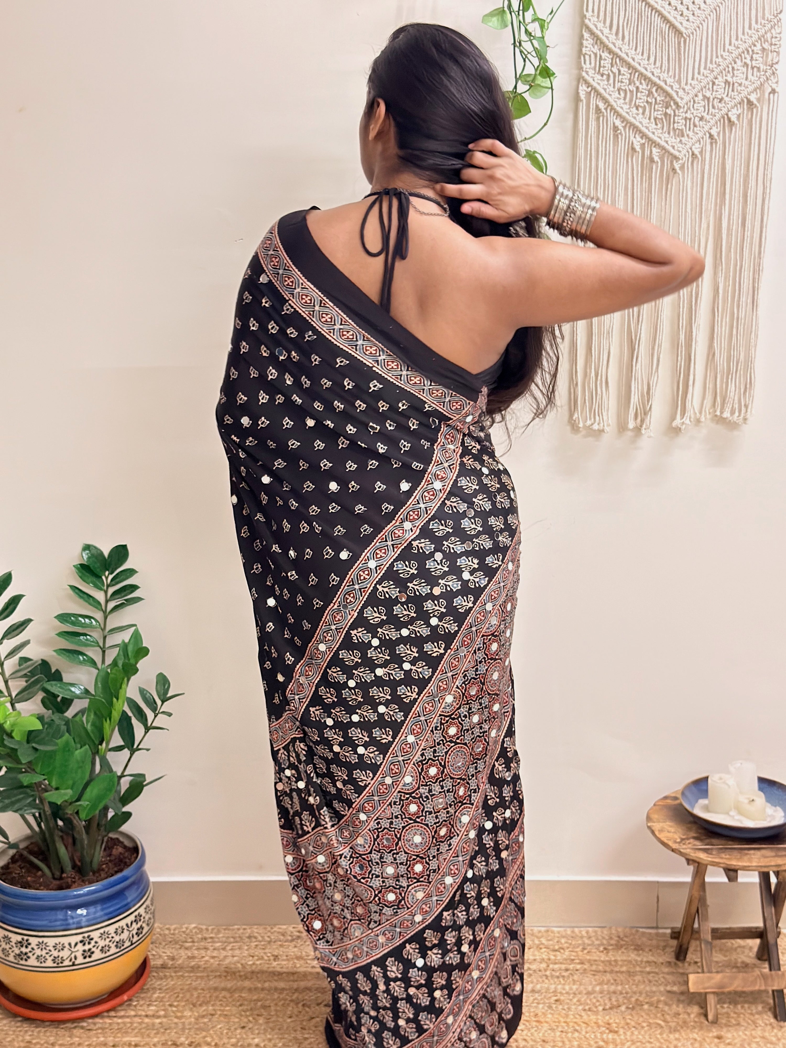 Natkhat: Black Lotus Ajrakh Handblock Printed Modal Saree with Mirror Work