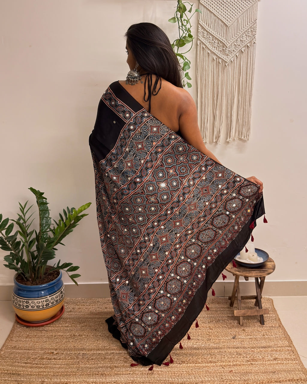 Mastani: Black Ajrakh Handblock Printed Modal Saree with Mirror Work