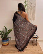 Mastani: Black Ajrakh Handblock Printed Modal Saree with Mirror Work