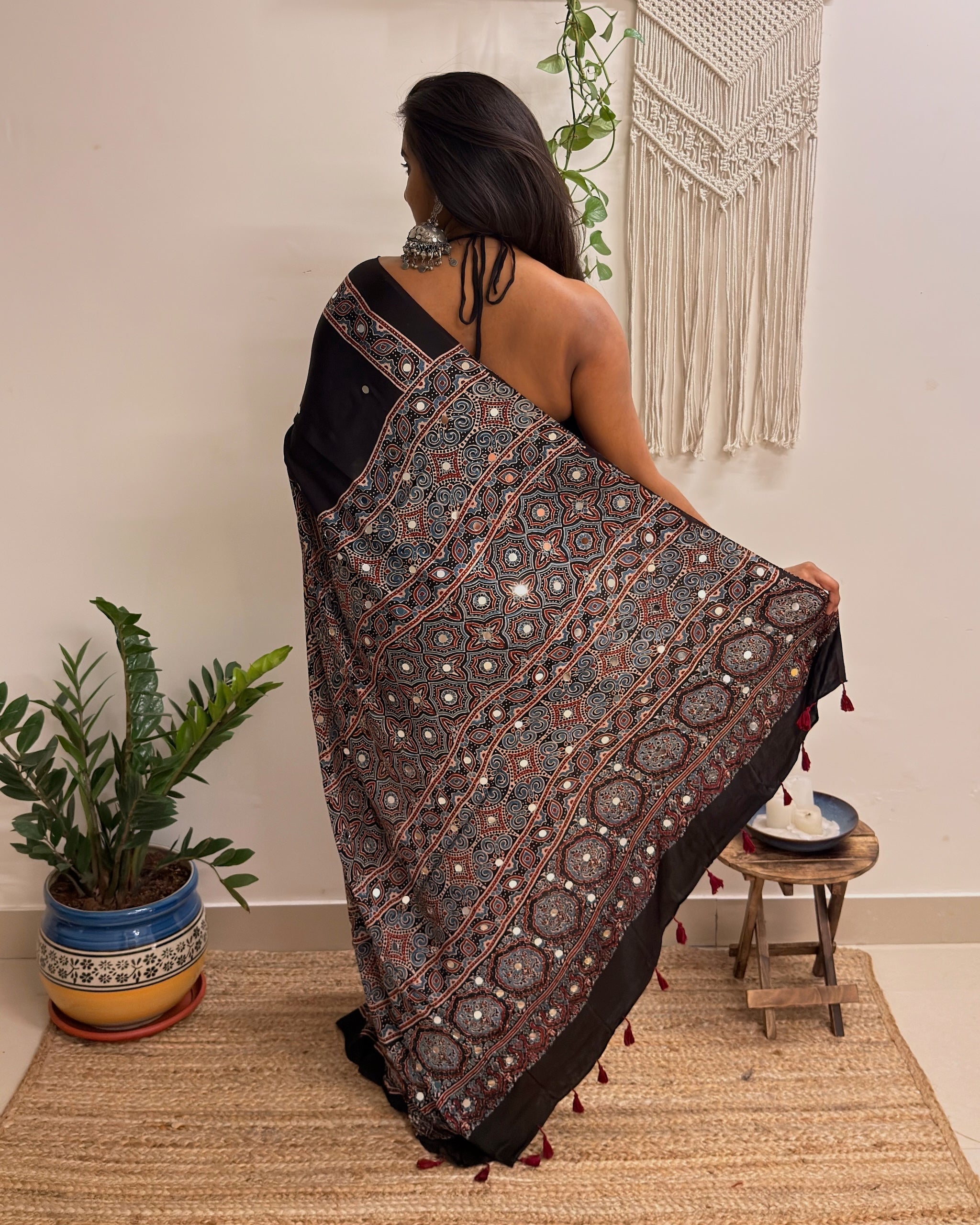 Mastani: Black Ajrakh Handblock Printed Modal Saree with Mirror Work
