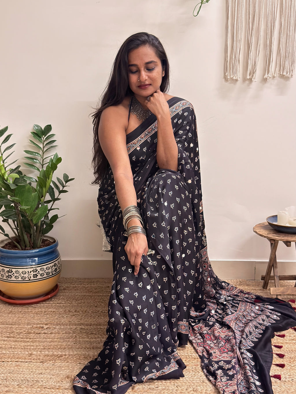 Natkhat: Black Lotus Ajrakh Handblock Printed Modal Saree with Mirror Work