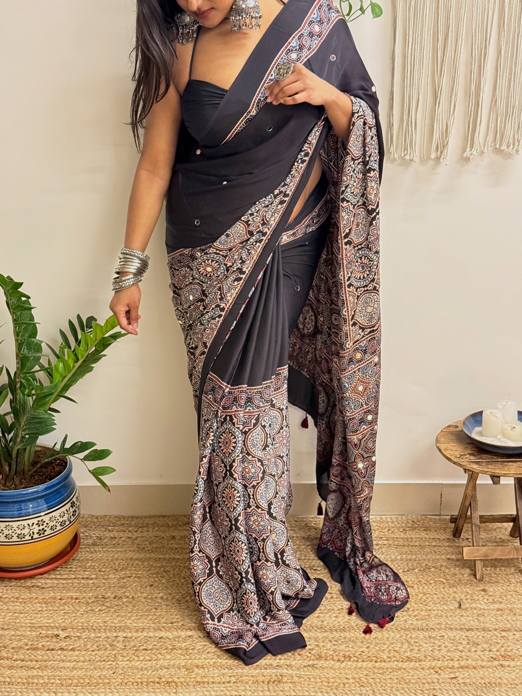Mastani: Black Ajrakh Handblock Printed Modal Saree with Mirror Work