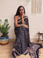 Natkhat: Black Lotus Ajrakh Handblock Printed Modal Saree with Mirror Work