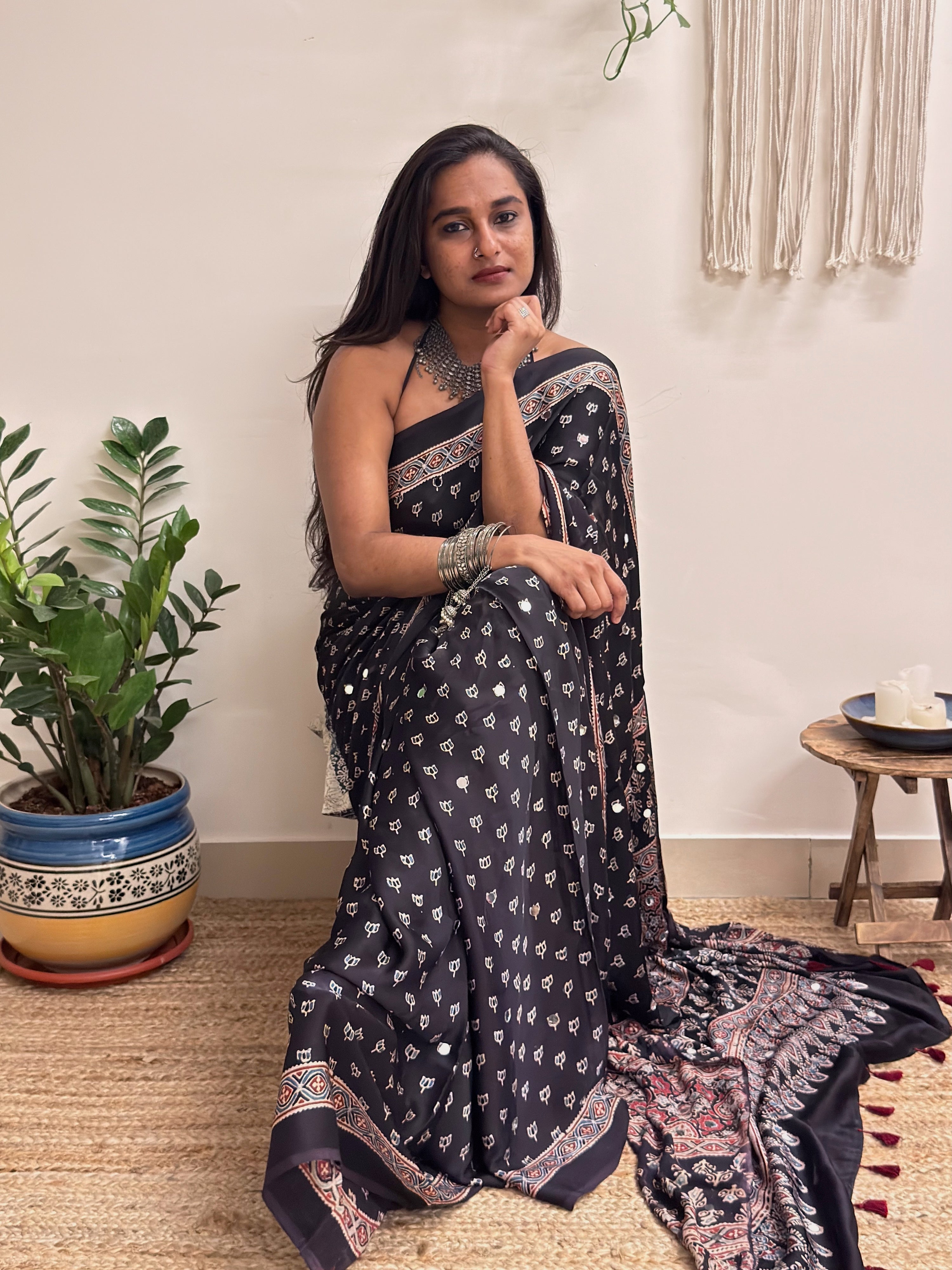Natkhat: Black Lotus Ajrakh Handblock Printed Modal Saree with Mirror Work