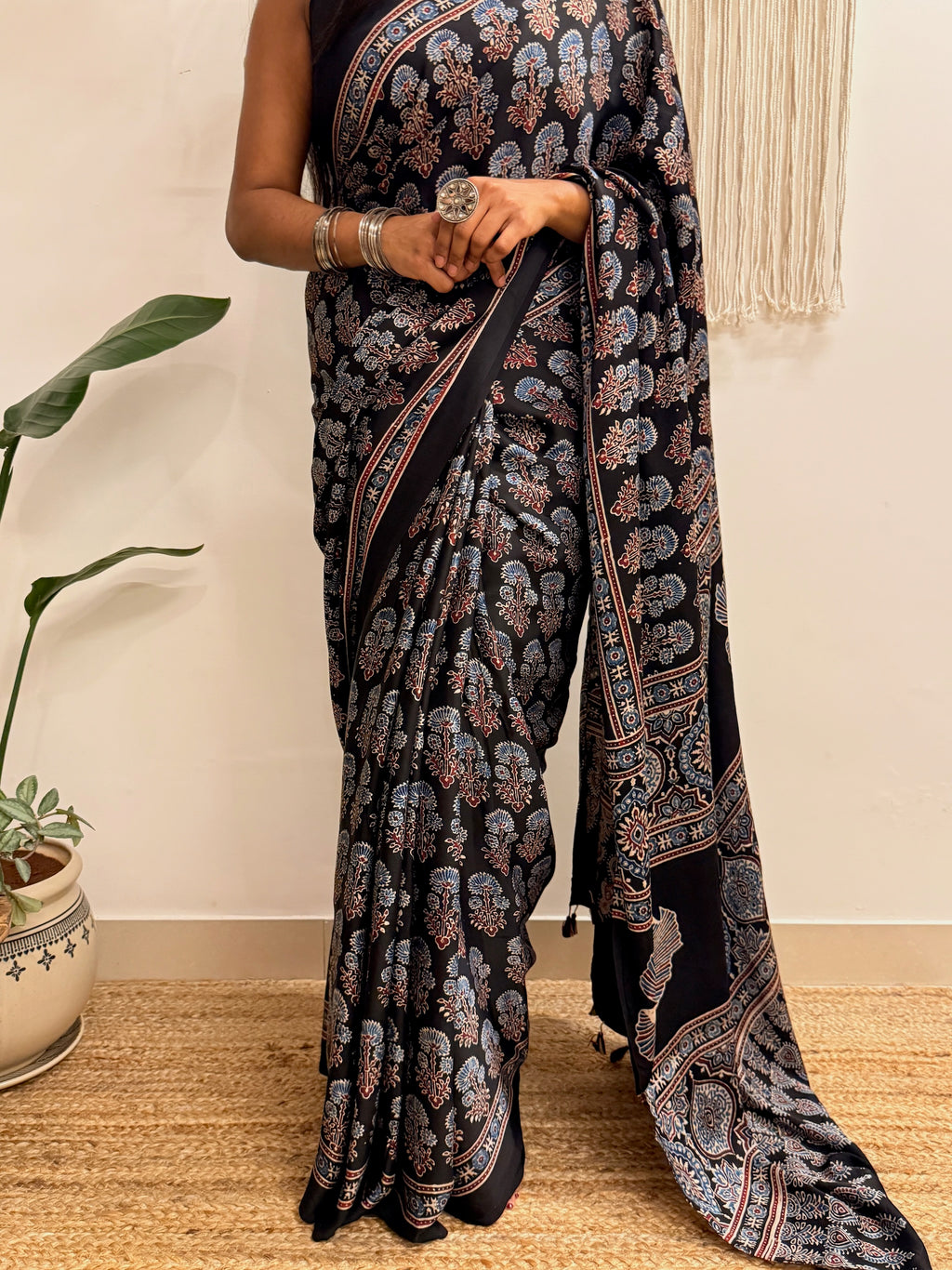 Nazakat: Black Ajrakh Handblock Printed Modal Saree