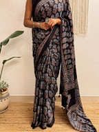 Nazakat: Black Ajrakh Handblock Printed Modal Saree