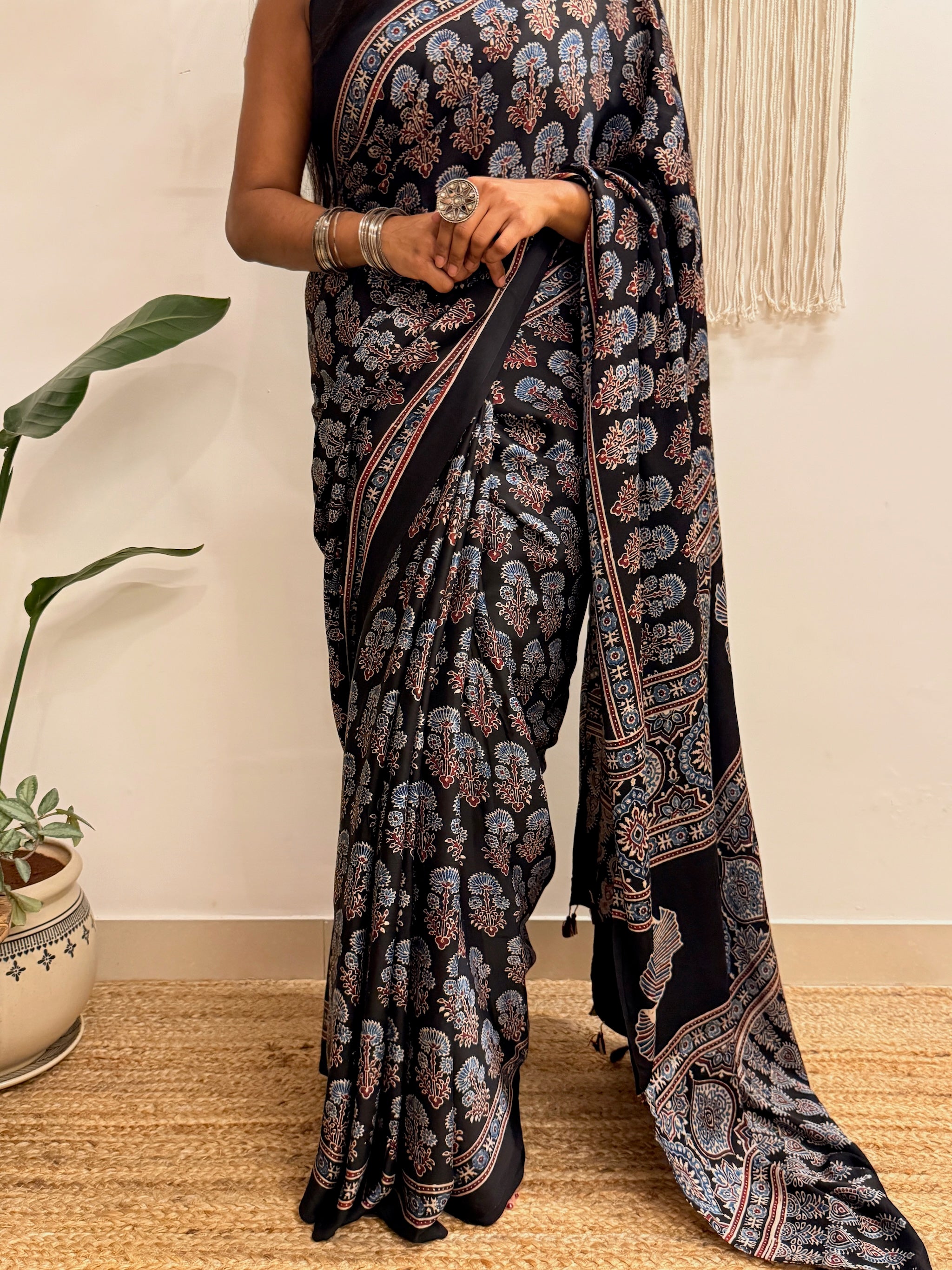 Nazakat: Black Ajrakh Handblock Printed Modal Saree