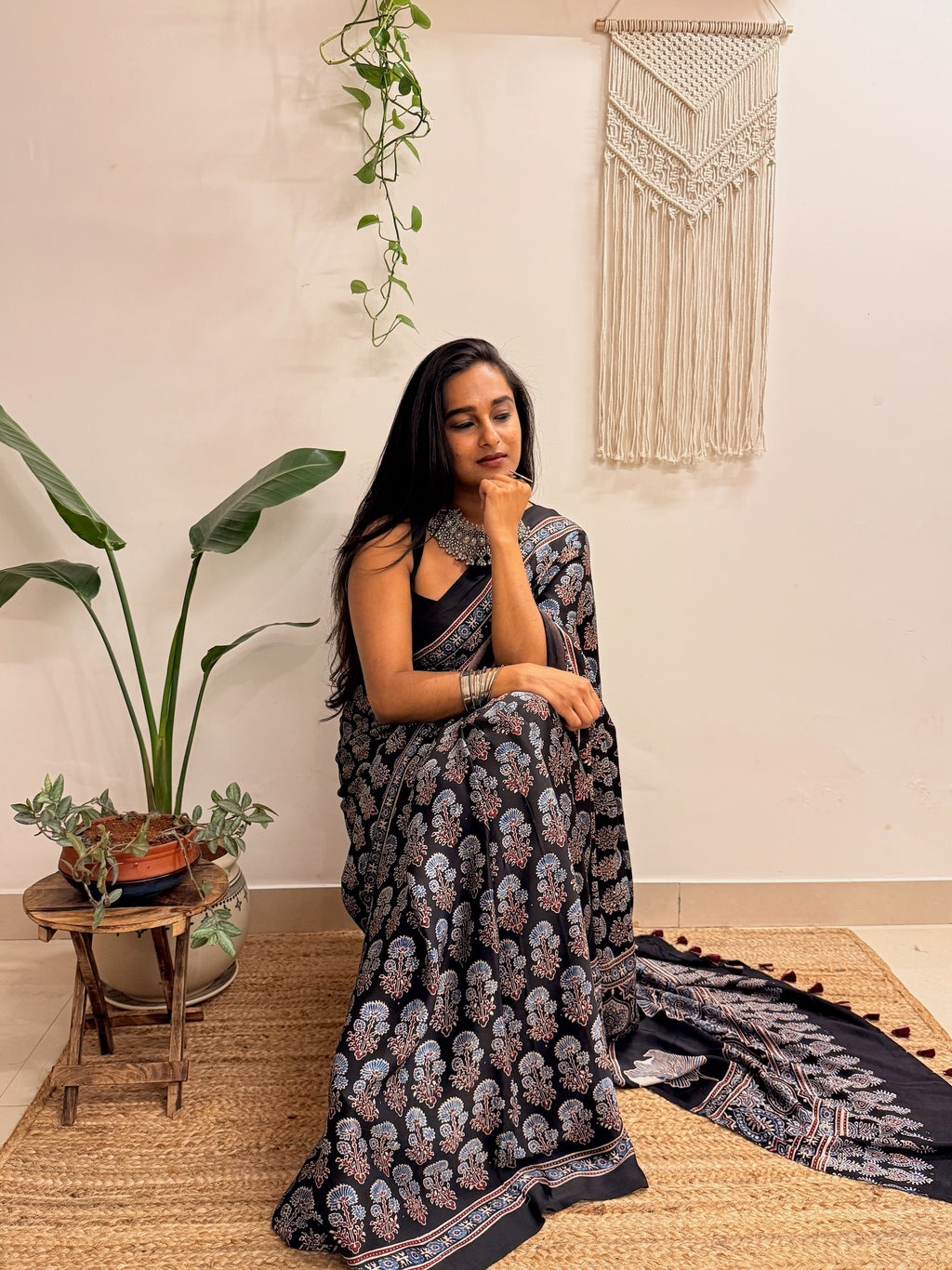 Nazakat: Black Ajrakh Handblock Printed Modal Saree