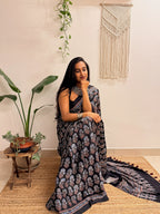 Nazakat: Black Ajrakh Handblock Printed Modal Saree
