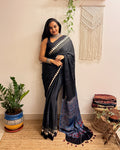 Moondust: Black Polka Dots Ajrakh Handblock Printed Modal Saree