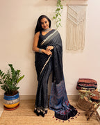 Moondust: Black Polka Dots Ajrakh Handblock Printed Modal Saree