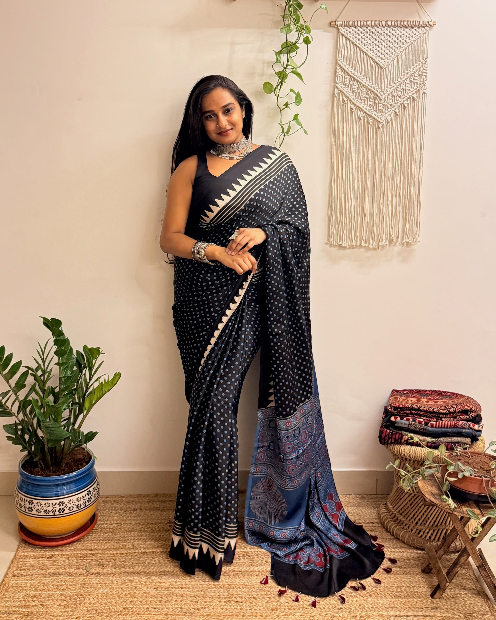 Moondust: Black Polka Dots Ajrakh Handblock Printed Modal Saree