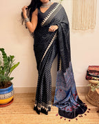 Moondust: Black Polka Dots Ajrakh Handblock Printed Modal Saree