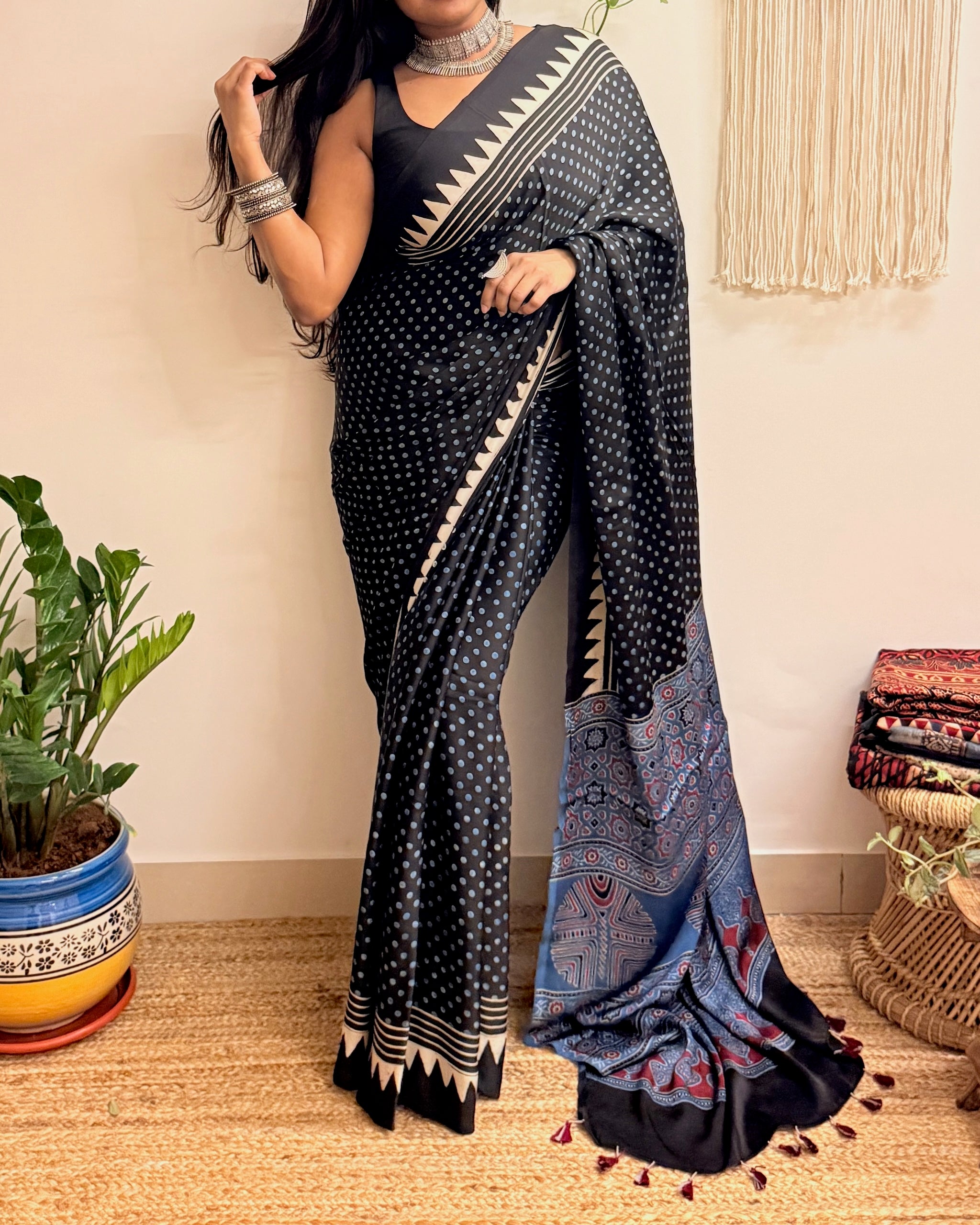 Moondust: Black Polka Dots Ajrakh Handblock Printed Modal Saree