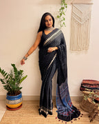 Moondust: Black Polka Dots Ajrakh Handblock Printed Modal Saree