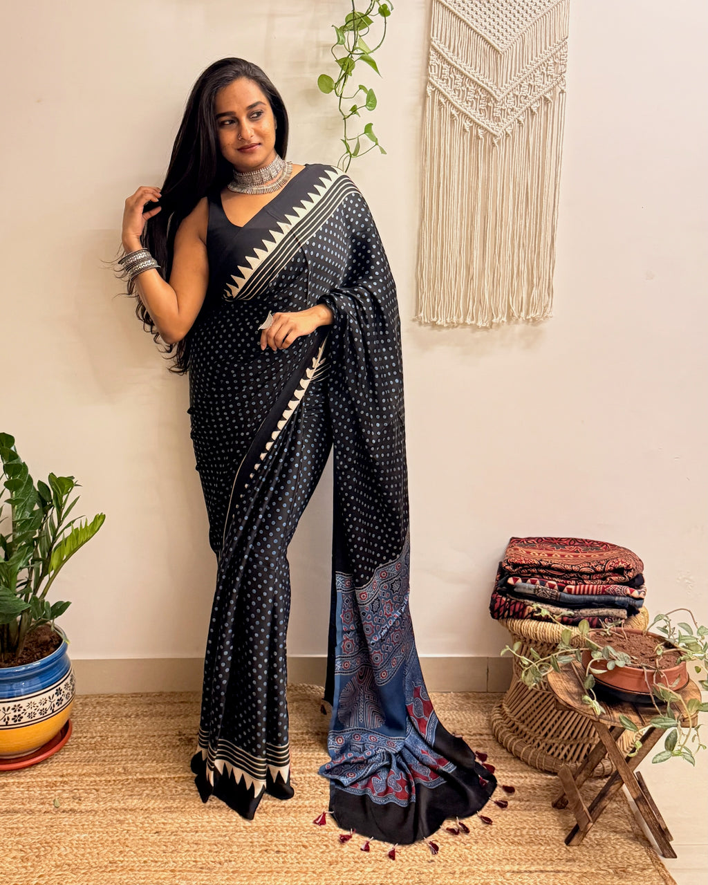 Moondust: Black Polka Dots Ajrakh Handblock Printed Modal Saree