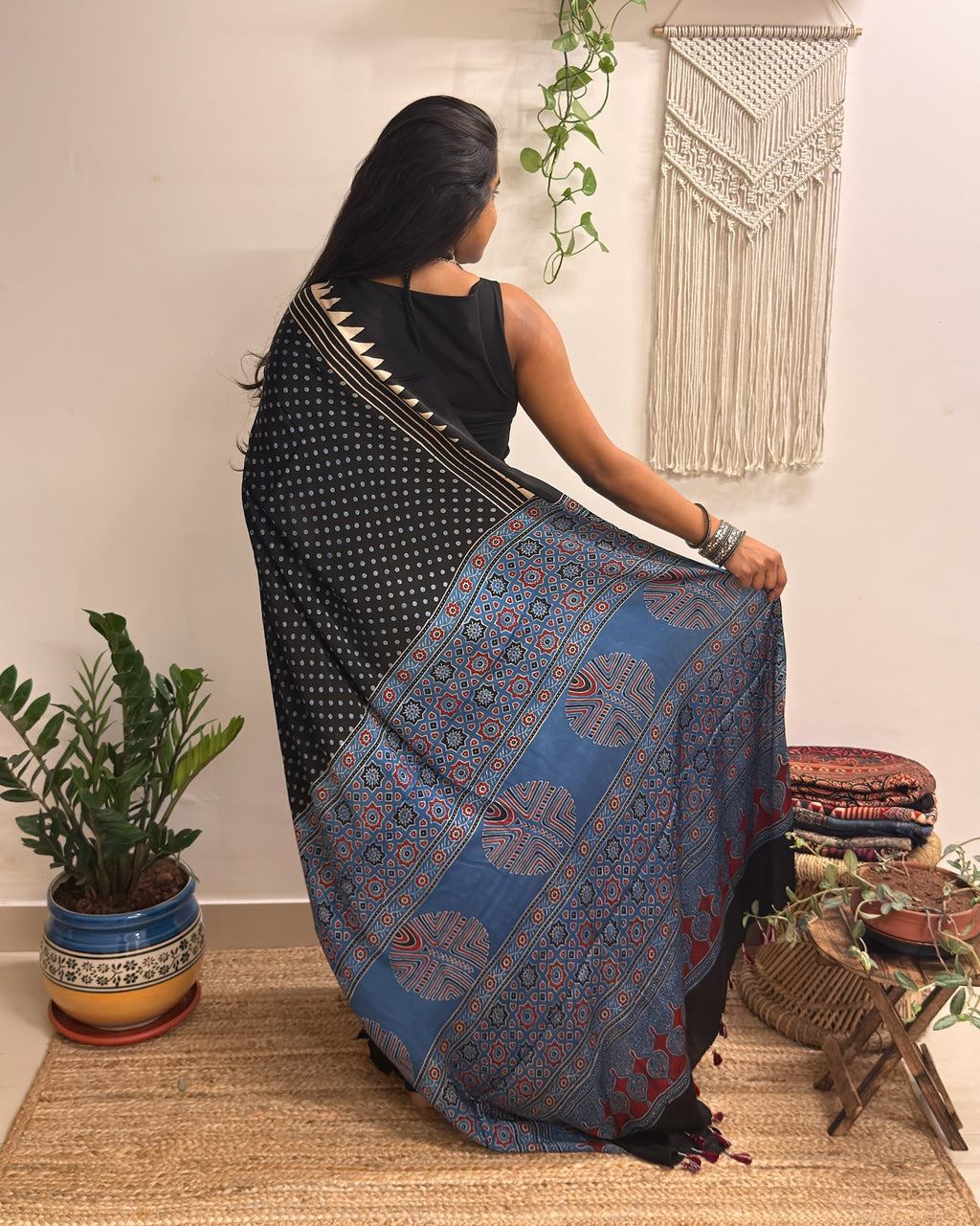 Moondust: Black Polka Dots Ajrakh Handblock Printed Modal Saree