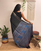 Moondust: Black Polka Dots Ajrakh Handblock Printed Modal Saree