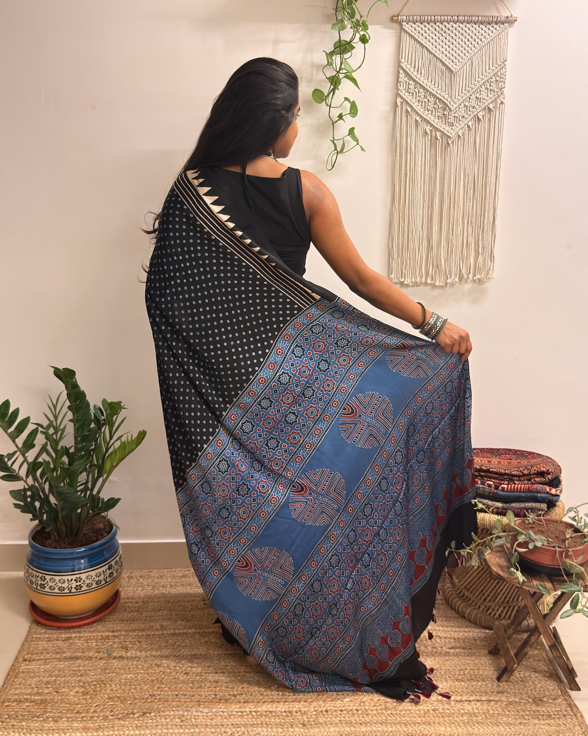 Moondust: Black Polka Dots Ajrakh Handblock Printed Modal Saree