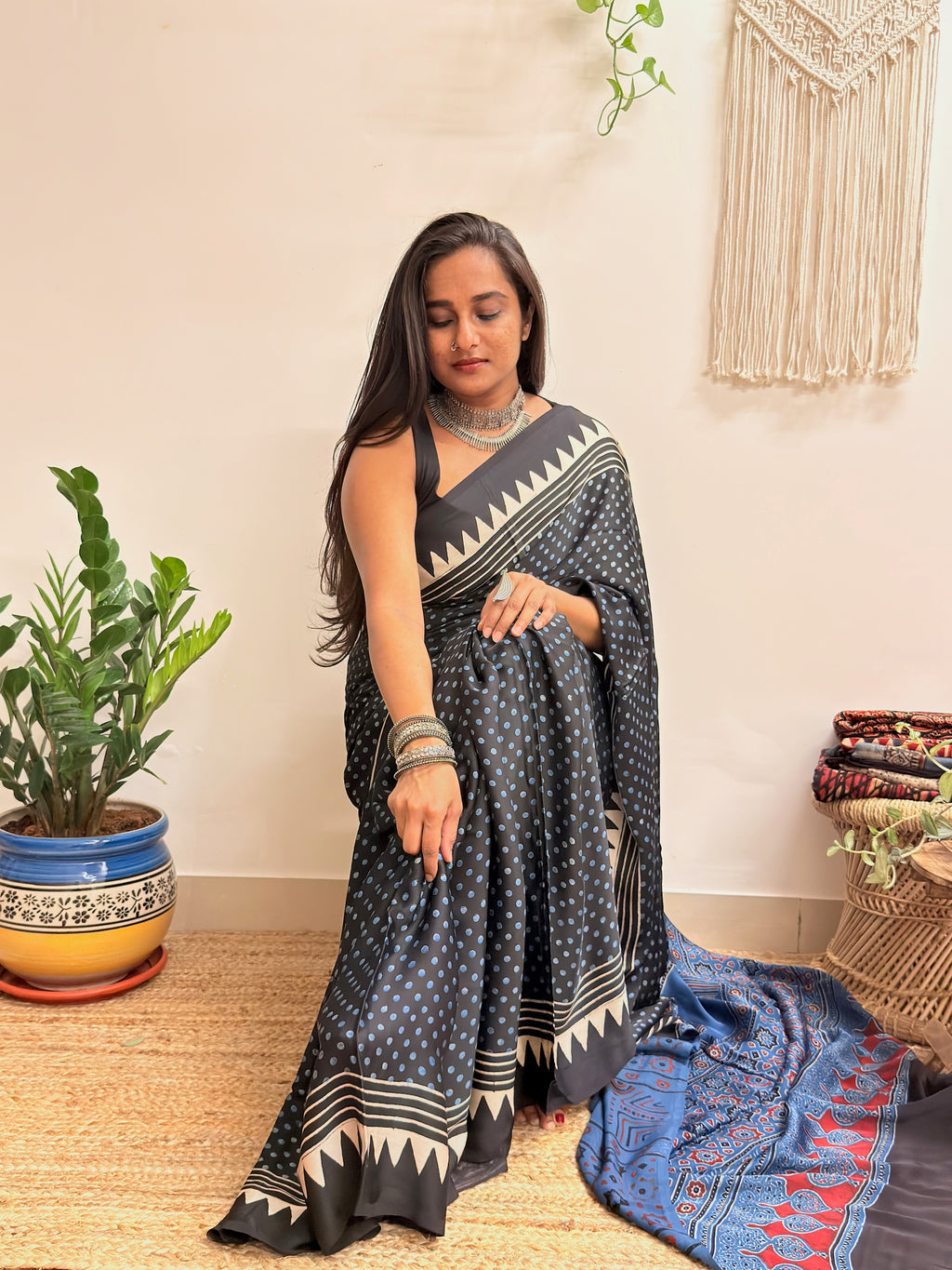 Moondust: Black Polka Dots Ajrakh Handblock Printed Modal Saree